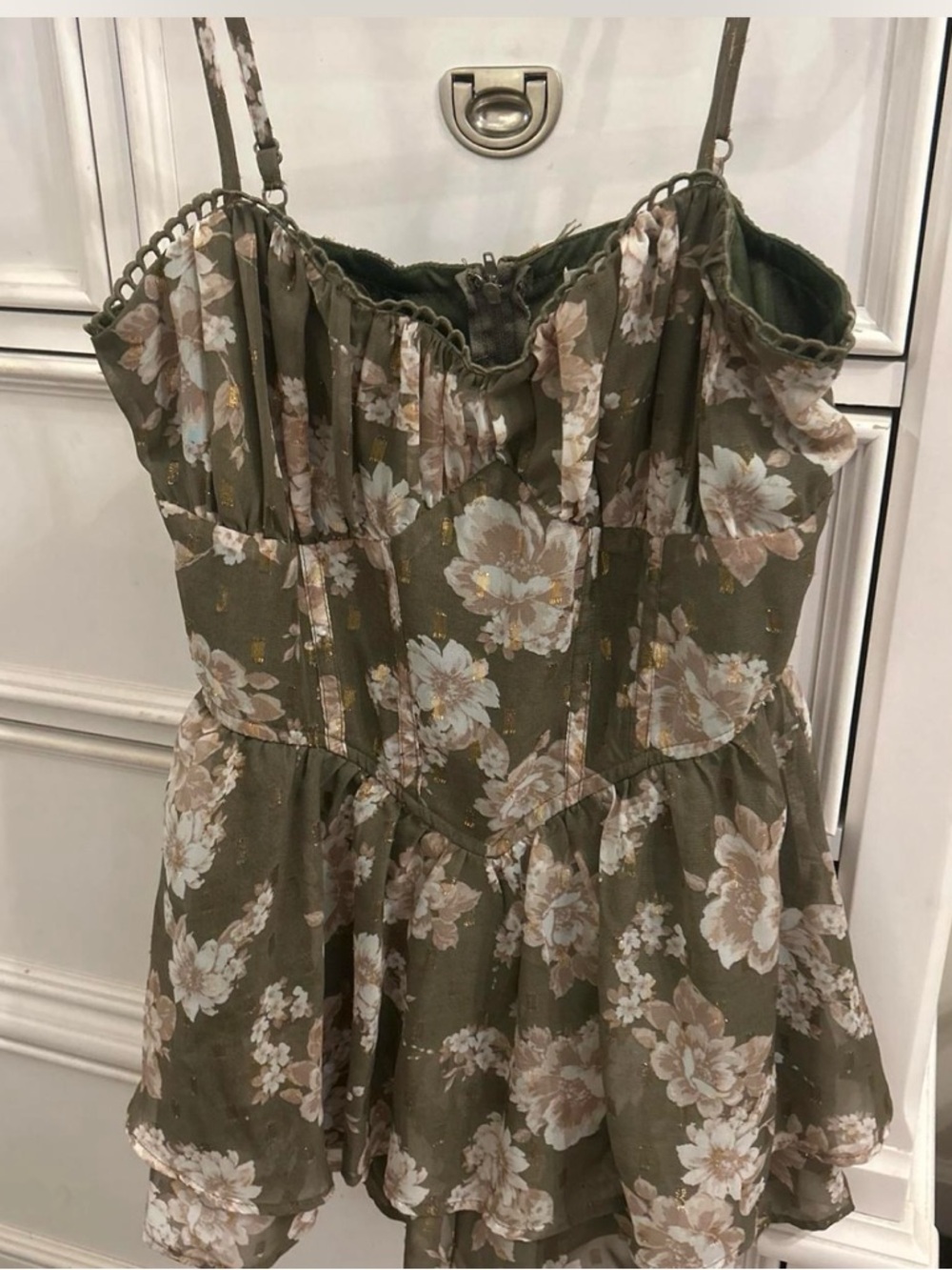 Francesca's Olive Floral Ruffle Cami Romper with Blush Accents